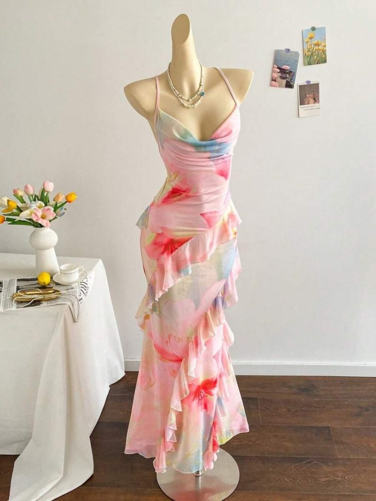 Pink Floral Ruffle Maxi Dress