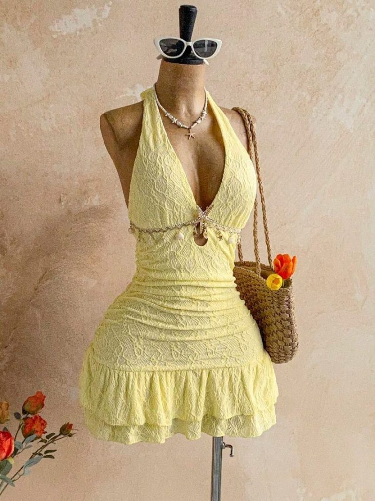 Yellow Halter Lace Mini Dress