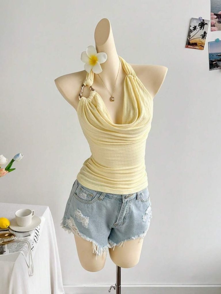 Beige Halter Backless Knit Top