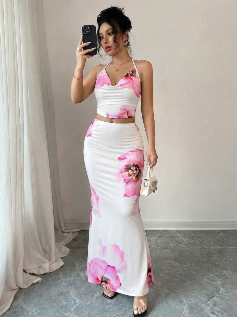White Floral Halter Gown