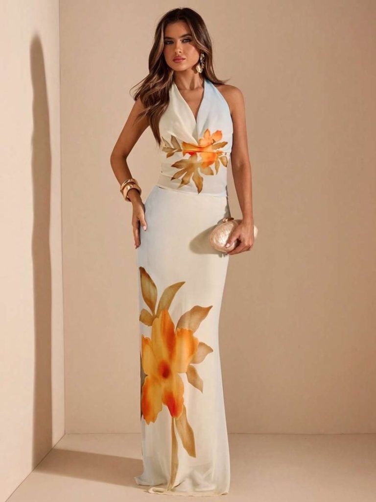 White Floral Plunge Maxi Set