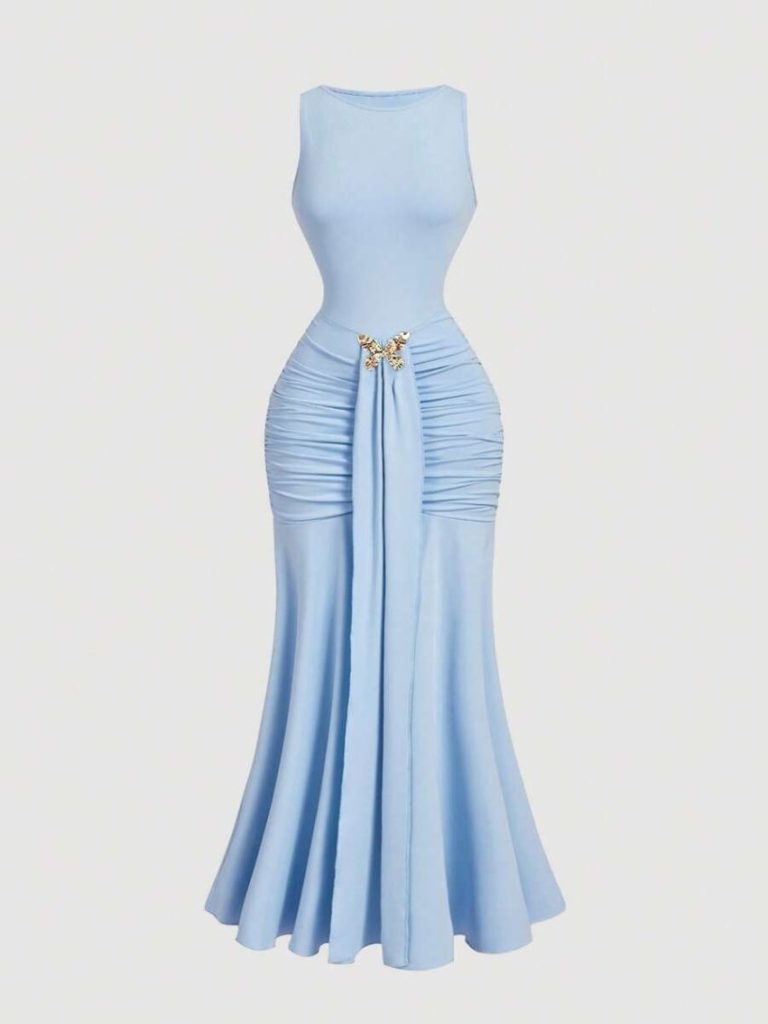 Blue Ruched Mermaid Maxi Dress