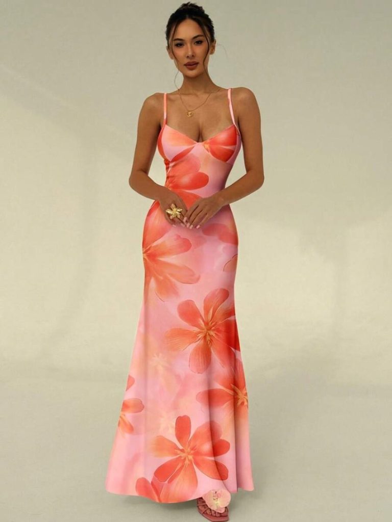 Pink Floral Backless Maxi Dress