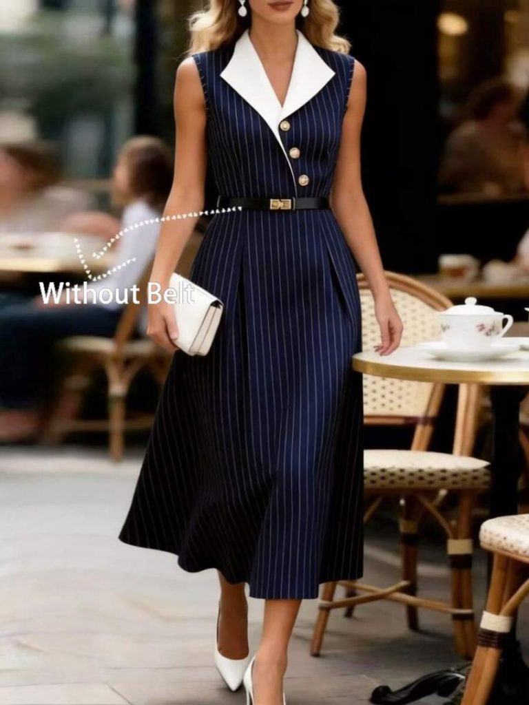 Navy Pinstripe Belted Midi Dress