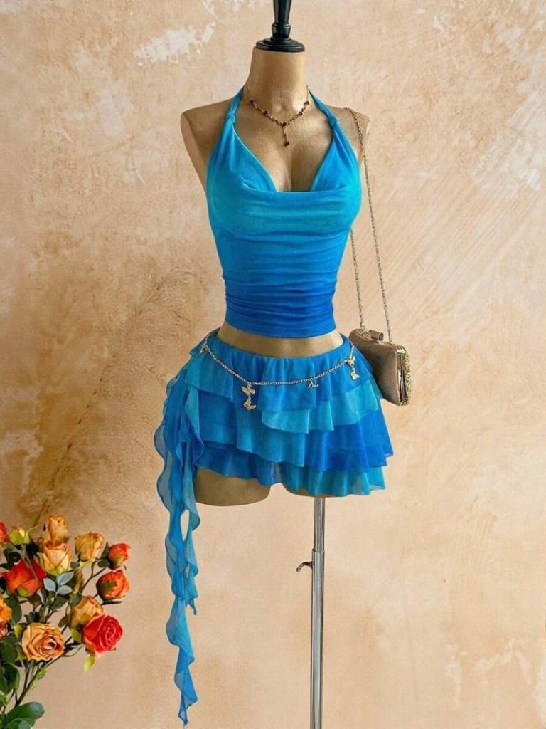 Blue Halter Backless Skirt Set