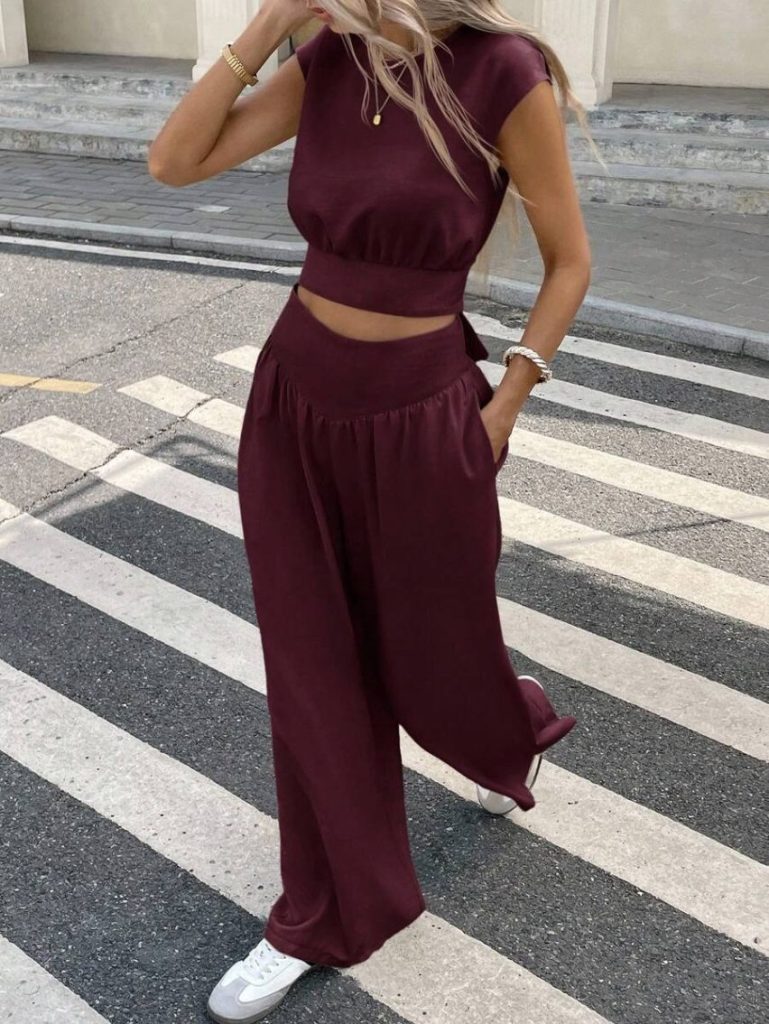 Burgundy Cap-Sleeve Crop Wide-Leg Set