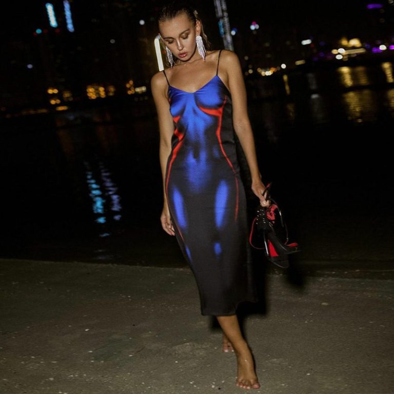 Blue Sequin Plunge Maxi Dress