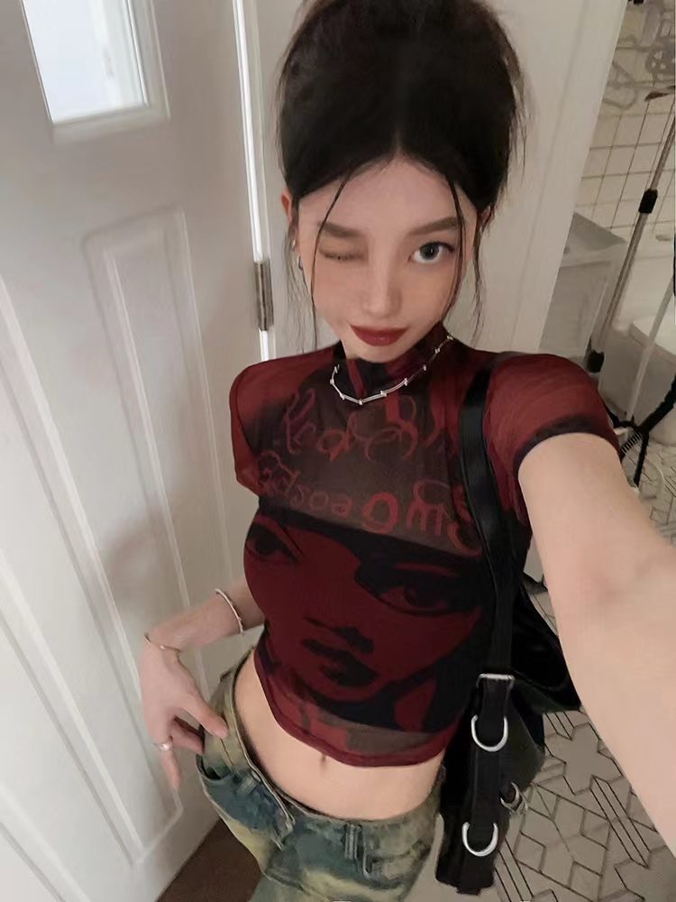 Y2K Mesh Graphic Crop Top