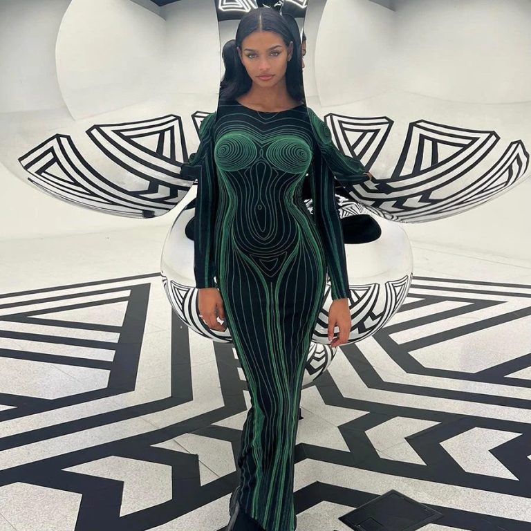 Black-Green Mock-Neck Maxi Dress