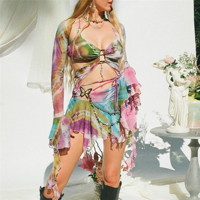 Y2K Tie-Dye Cutout Skirt Set