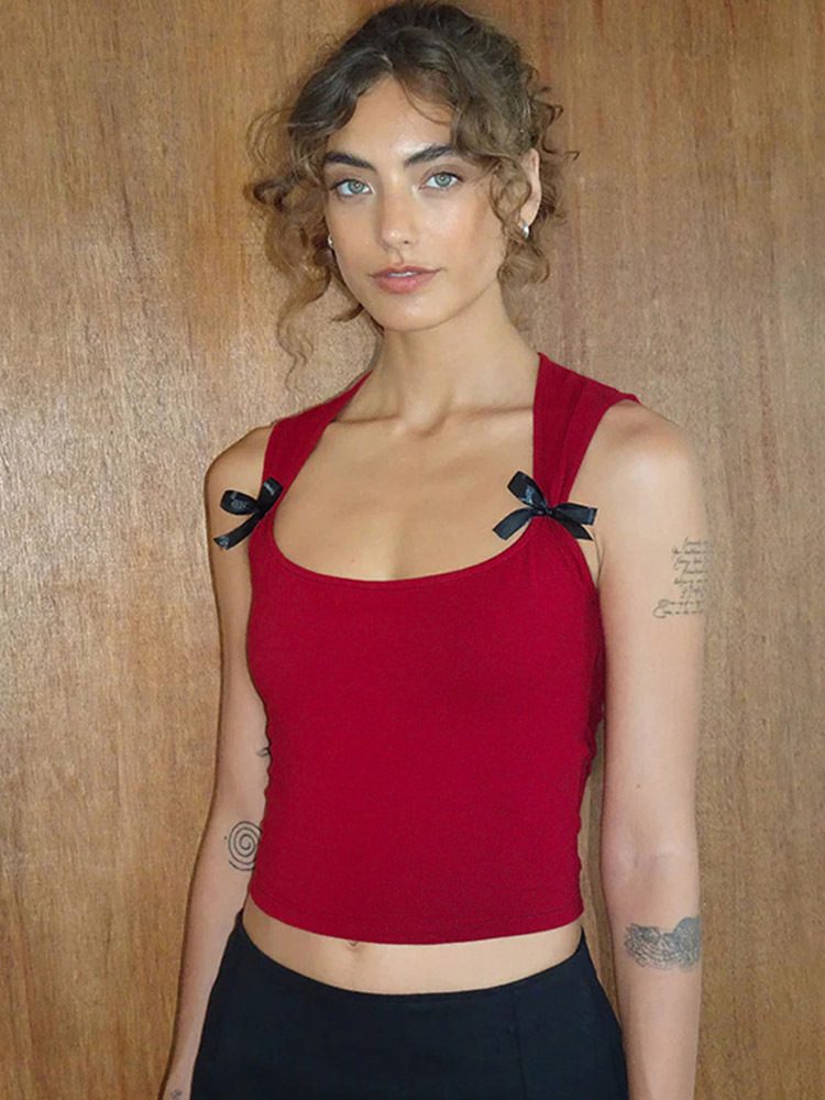 Sweet Bow-Strap Ribbed Crop Top