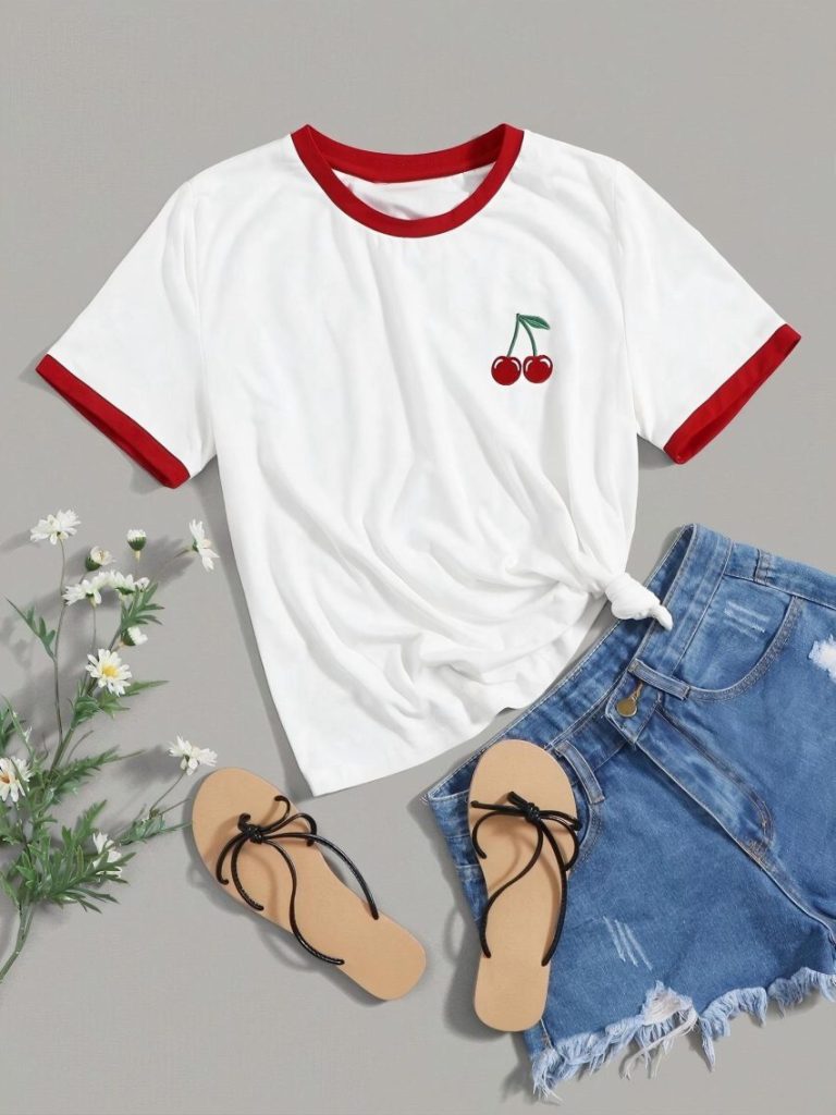 Cherry Embroidered Ringer Tee