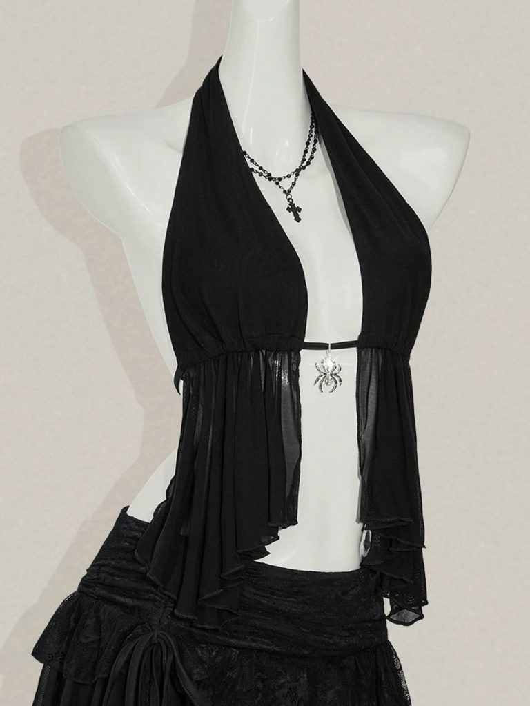 Black Halter Ruffled Crop Top