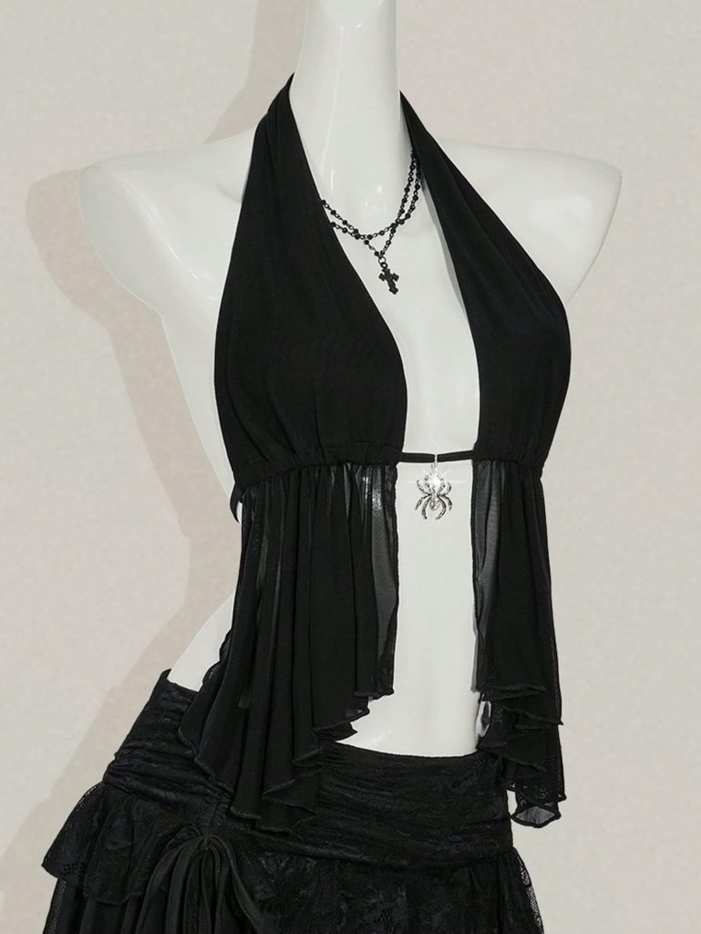 Black Halter Ruffled Crop Top