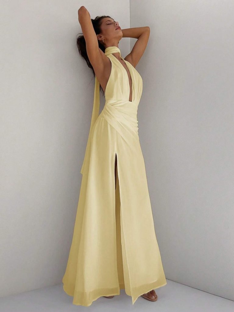Halter Draped Slit Maxi Dress