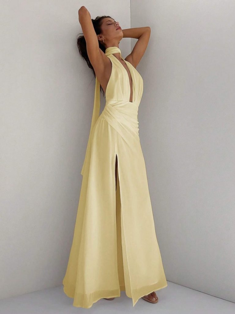 Halter Draped Slit Maxi Dress