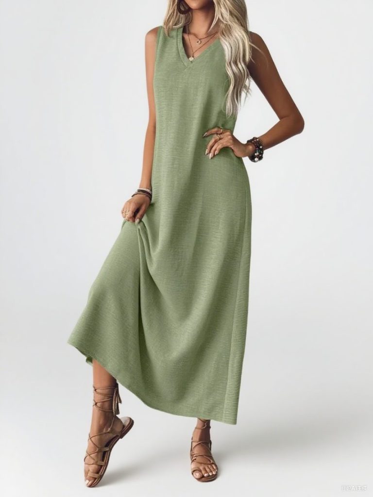 Green Sleeveless V-Neck Maxi Dress