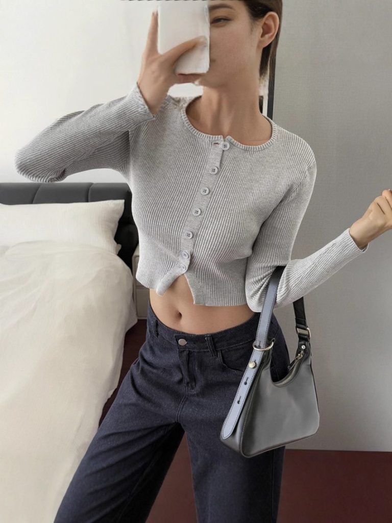 Grey Ribbed Button Crop Cardigan