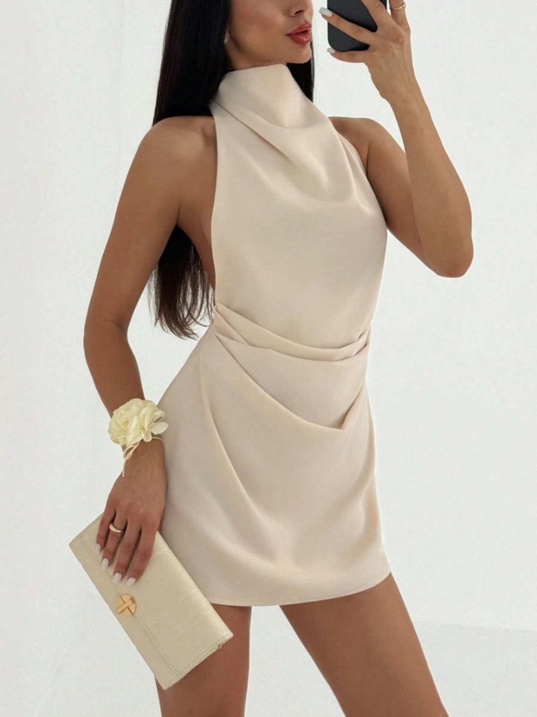 Beige High Neck Ruched Dress