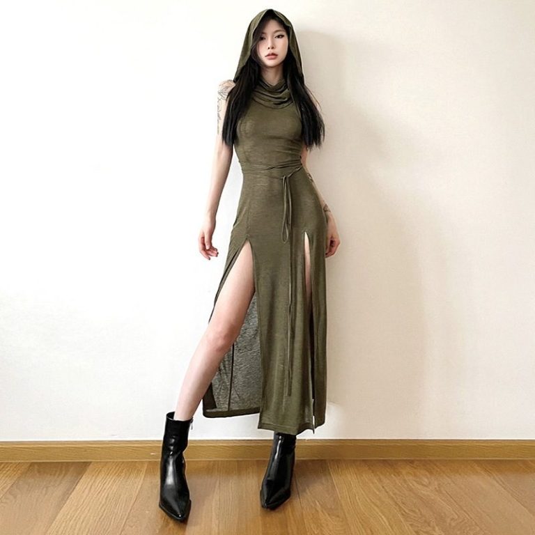 Olive Hooded Slit Maxi Dress
