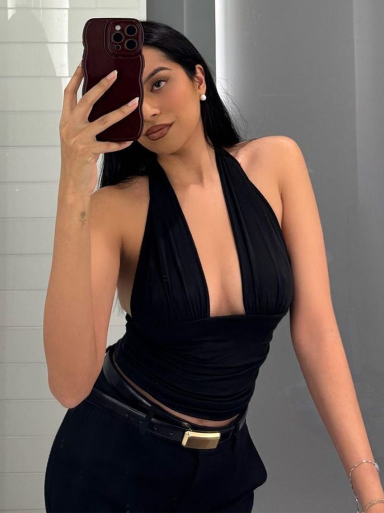 Black Halter V-Neck Ruched Top