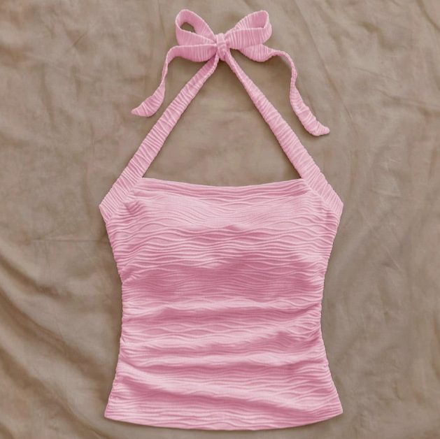 Pink Ruched Halter Crop Top