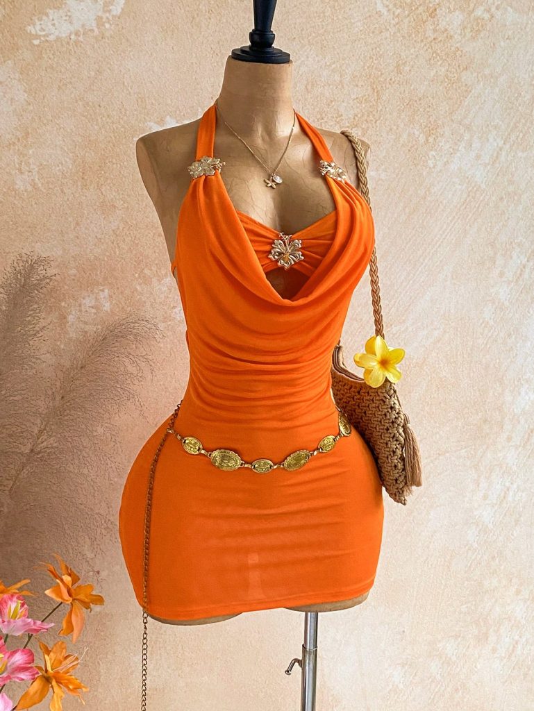 Orange Plunge Buckle-Waist Mini Dress