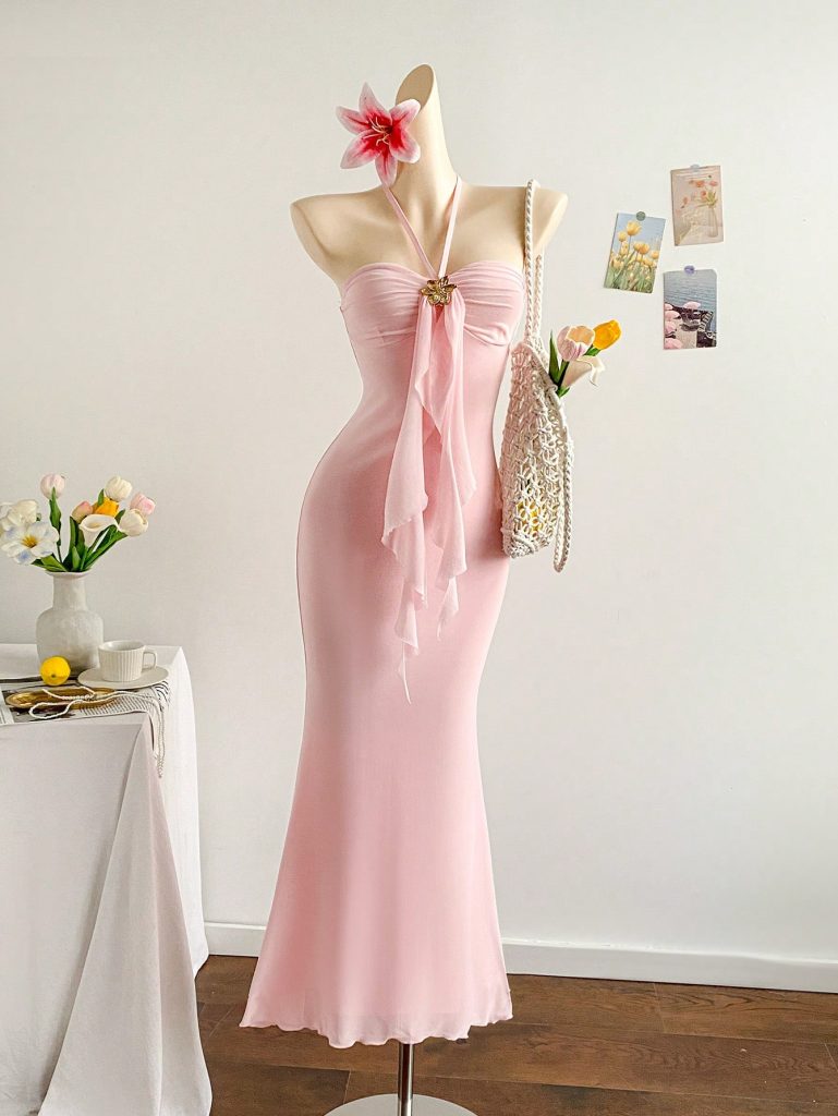 Pink Satin Bow-Front Midi Dress