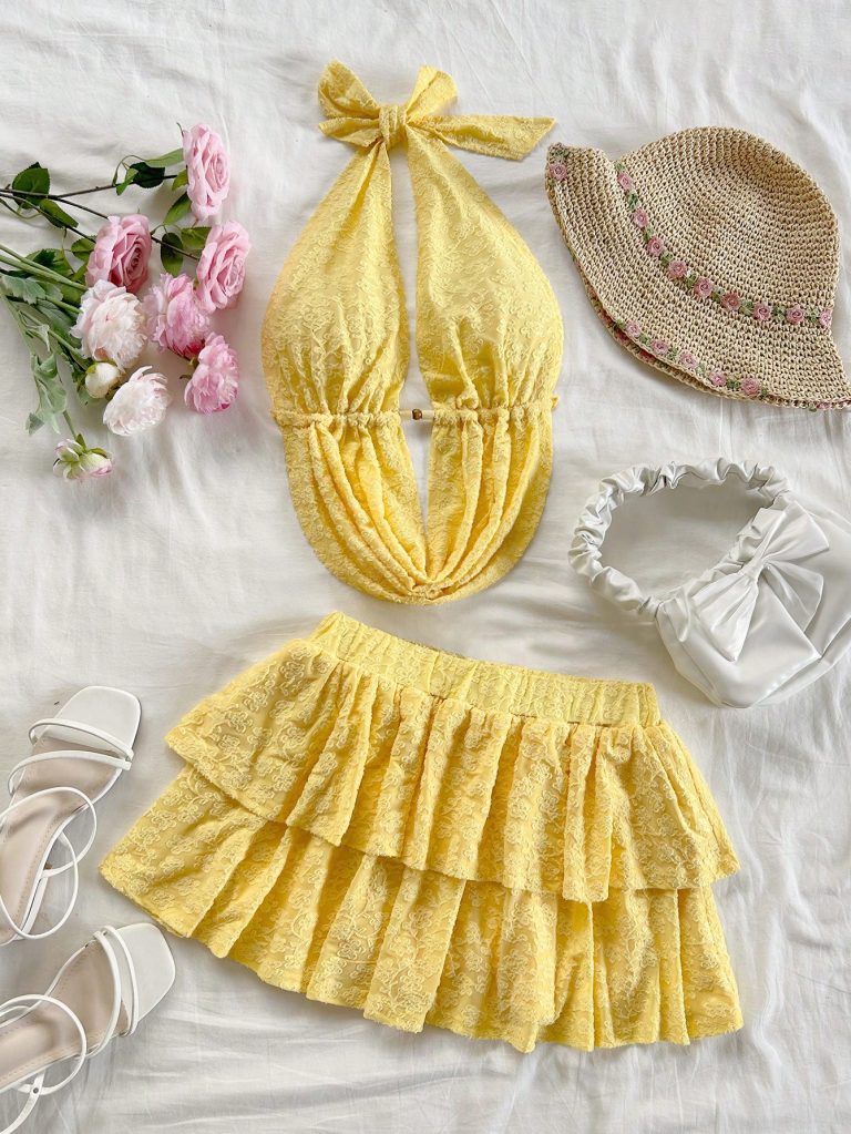 Yellow Knit Halter Skirt Set