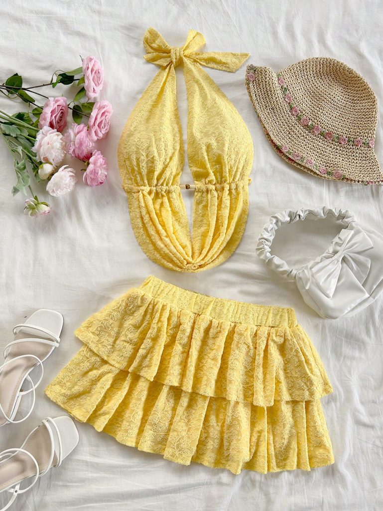 Yellow Knit Halter Skirt Set