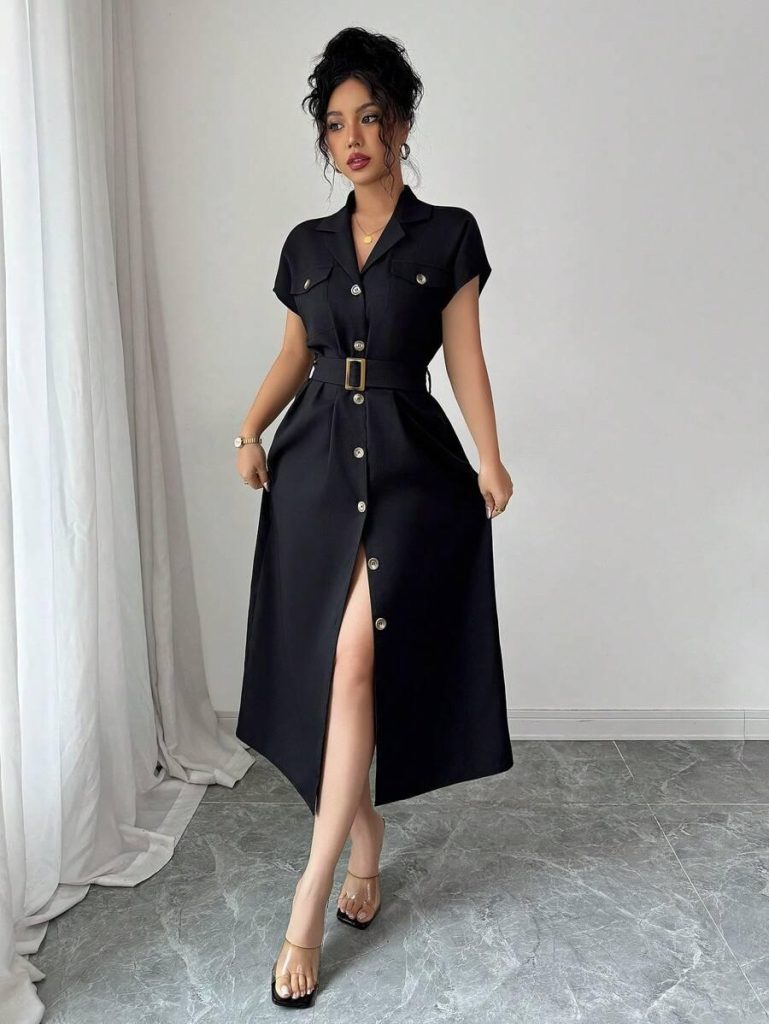 Black Utility Button Midi Dress