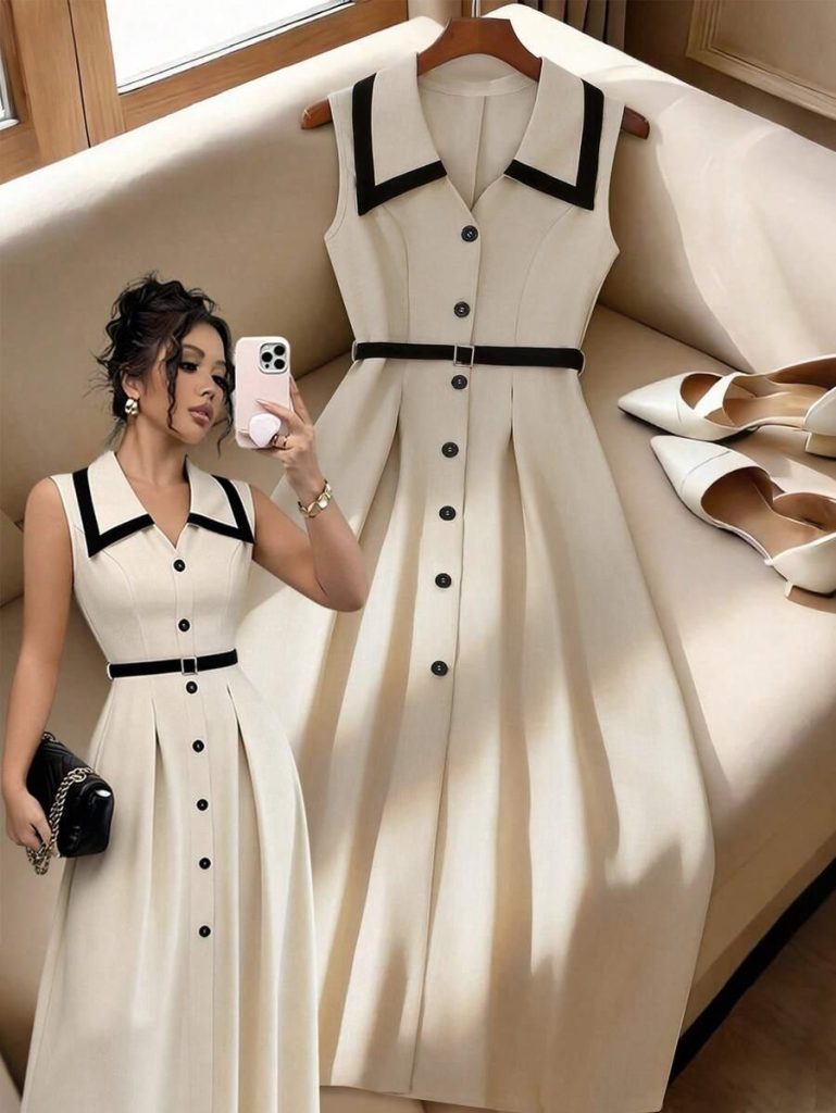 Cream Contrast Collar Midi Dress