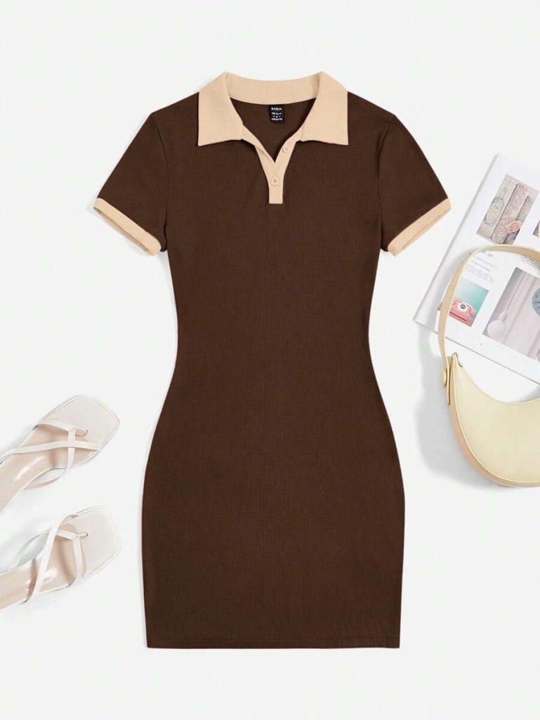 Brown Contrast Collar Mini Dress
