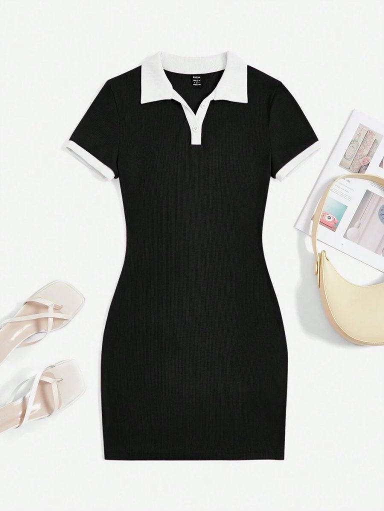 Black Contrast-Trim Polo Mini Dress