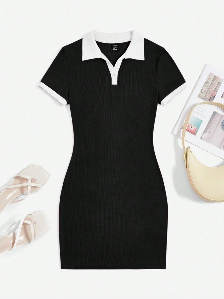 Black Contrast-Trim Polo Mini Dress