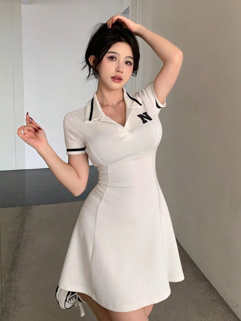 White Piping Collar Polo Dress
