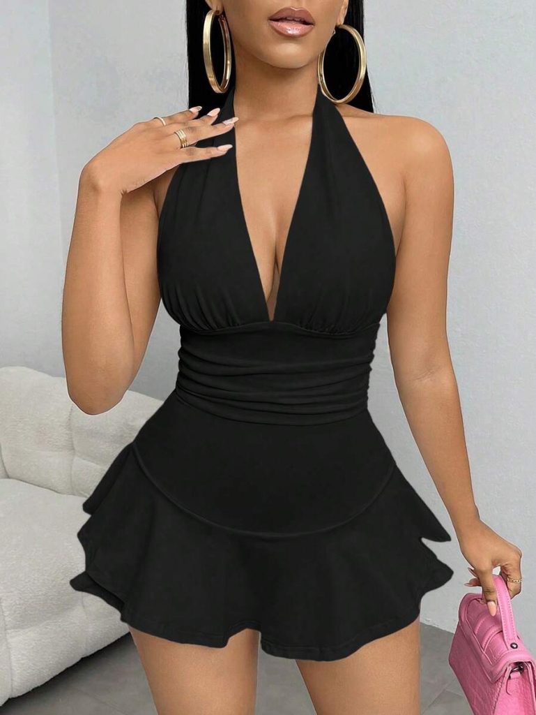 Black Ruched Plunge Mini Dress