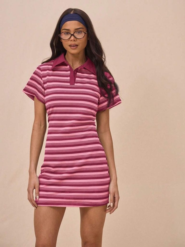 Burgundy Striped Polo Mini Dress