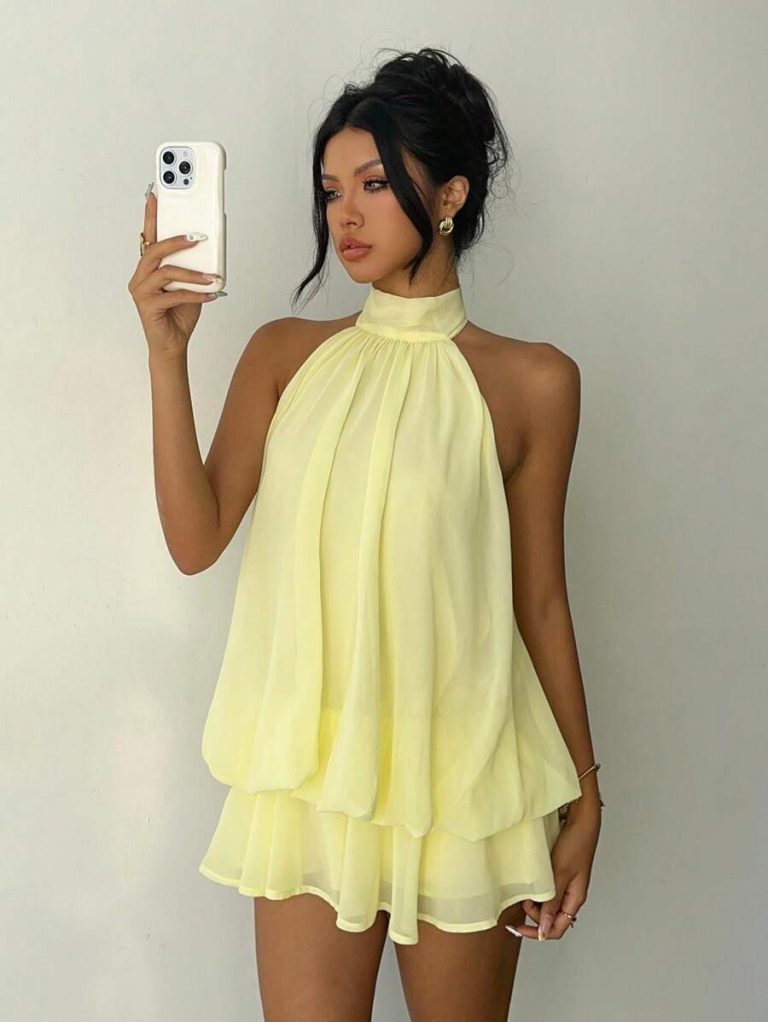 Yellow Chiffon Mock-Neck Mini Dress