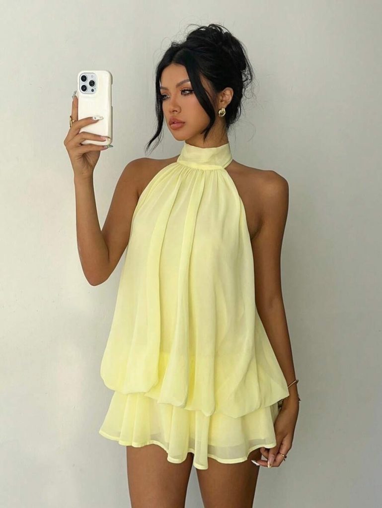 Yellow Chiffon Mock-Neck Mini Dress