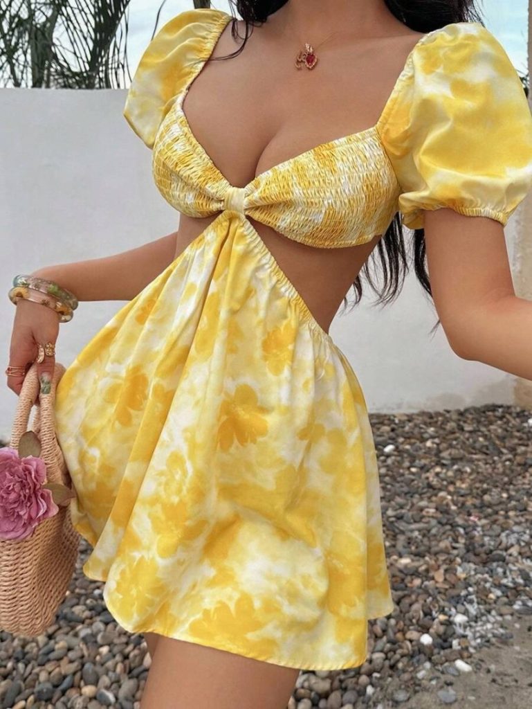 Yellow Floral Cutout Mini Dress