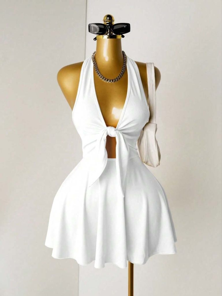 Ivory Bow-Back Halter Mini Dress