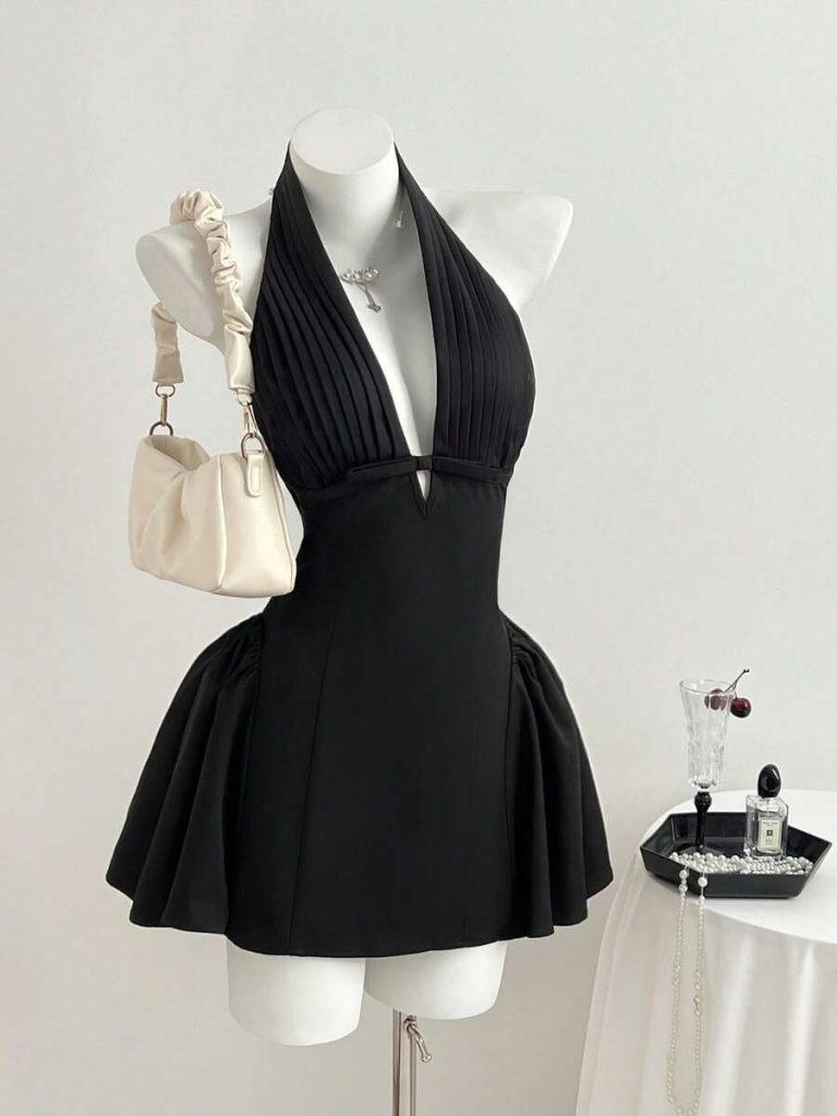Black Halter Ruffled Mini Dress