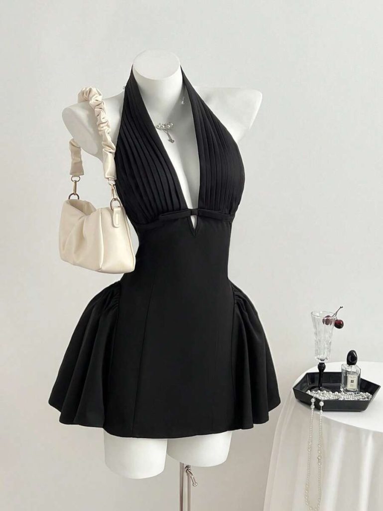 Black Halter Ruffled Mini Dress