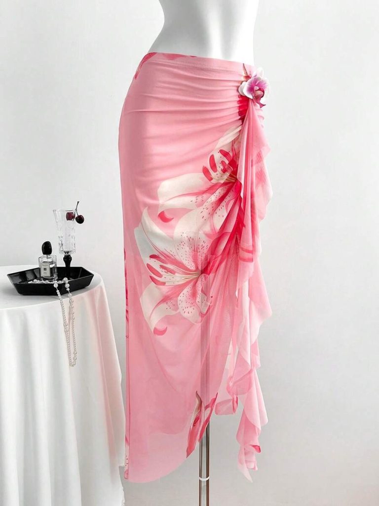 Pink Floral Ruffle Asymmetric Skirt
