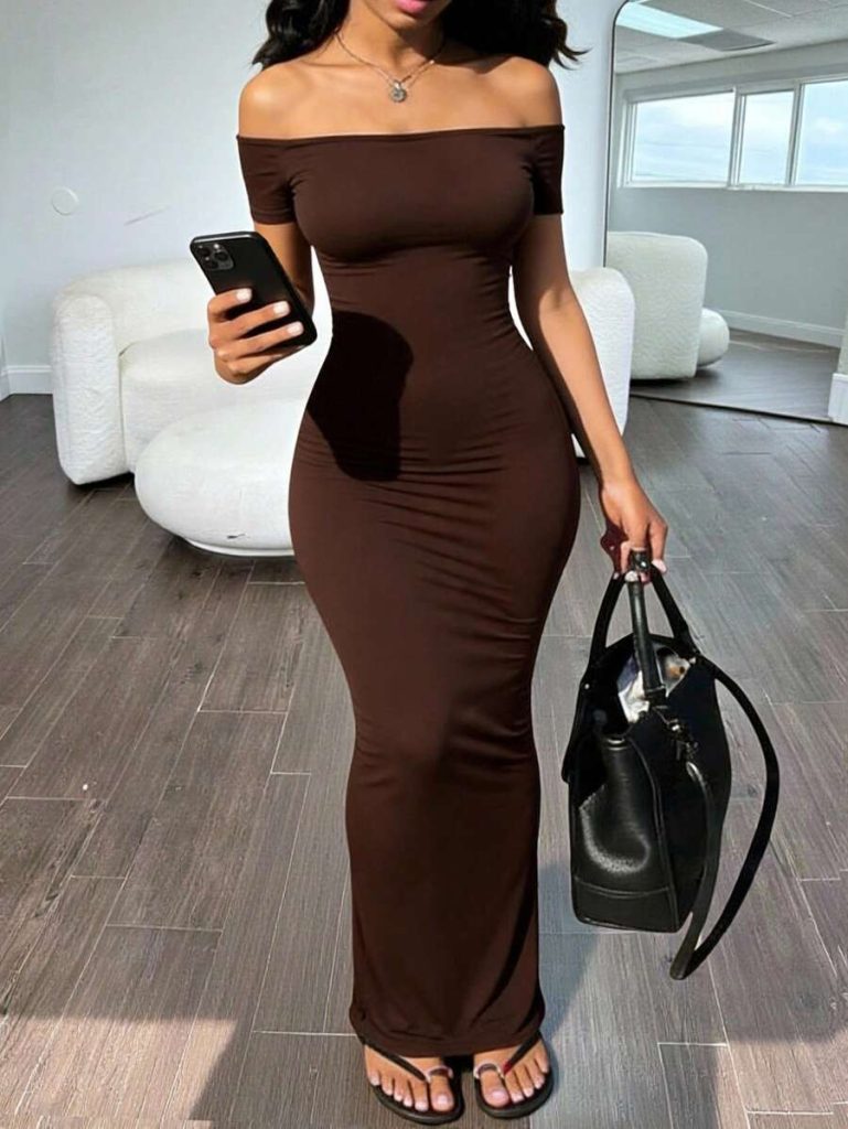 Brown Off-Shoulder Midi Dress