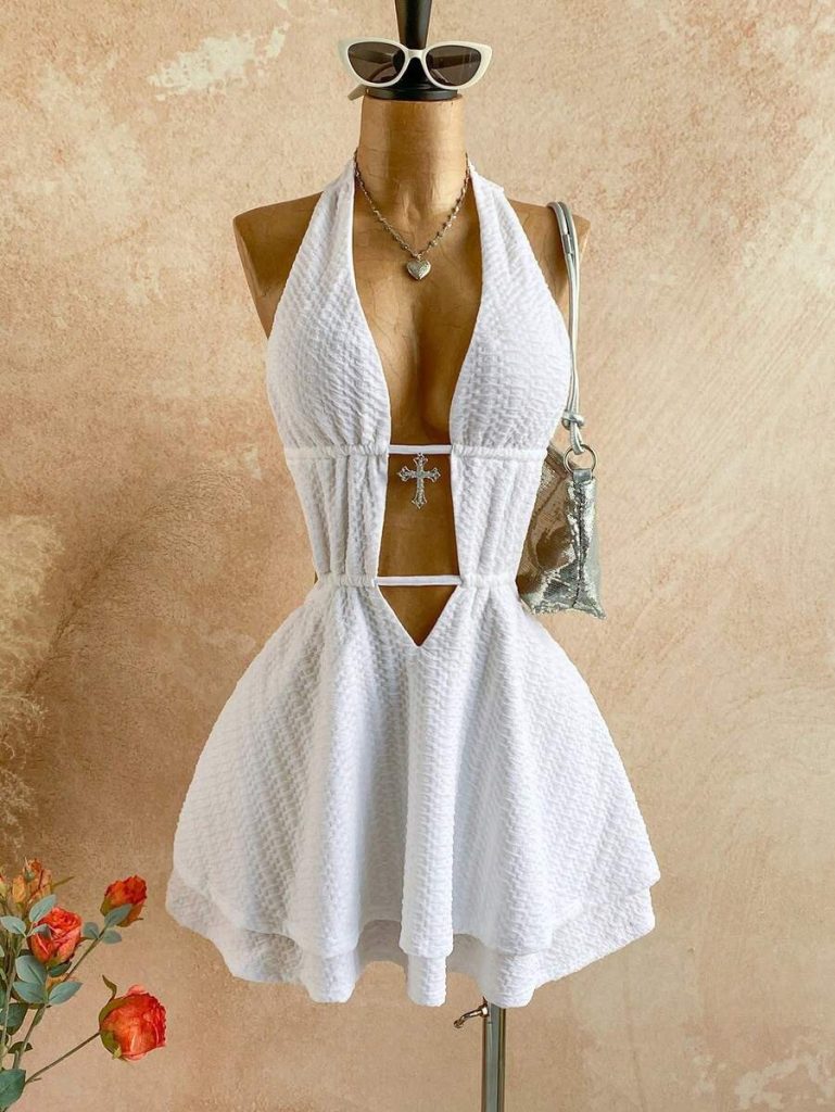 White Waffle Halter Mini Dress