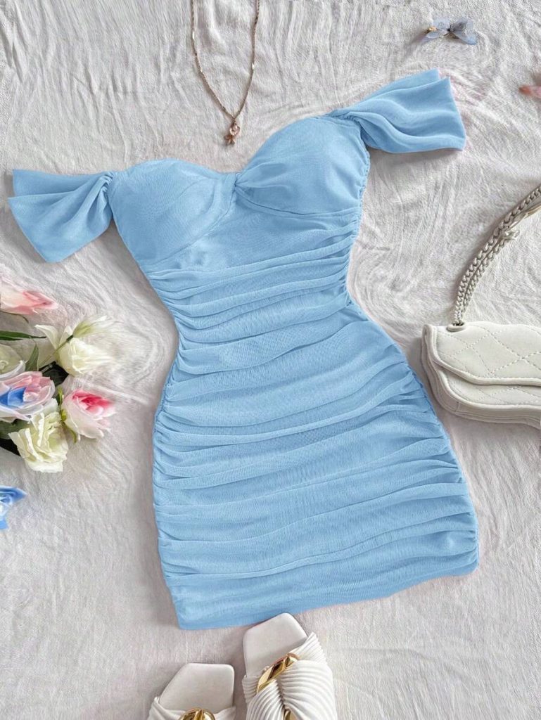 Blue Off-Shoulder Ruched Mini Dress