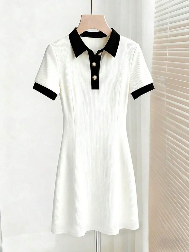 White Contrast-Collar Polo Mini Dress