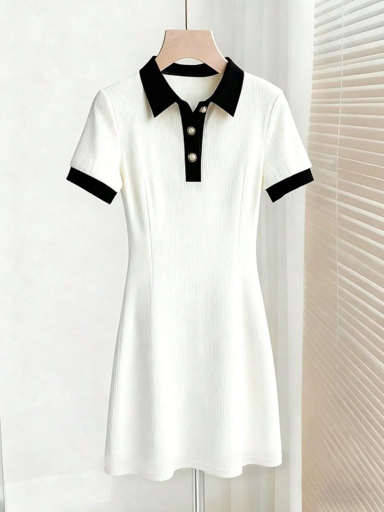 White Contrast-Collar Polo Mini Dress